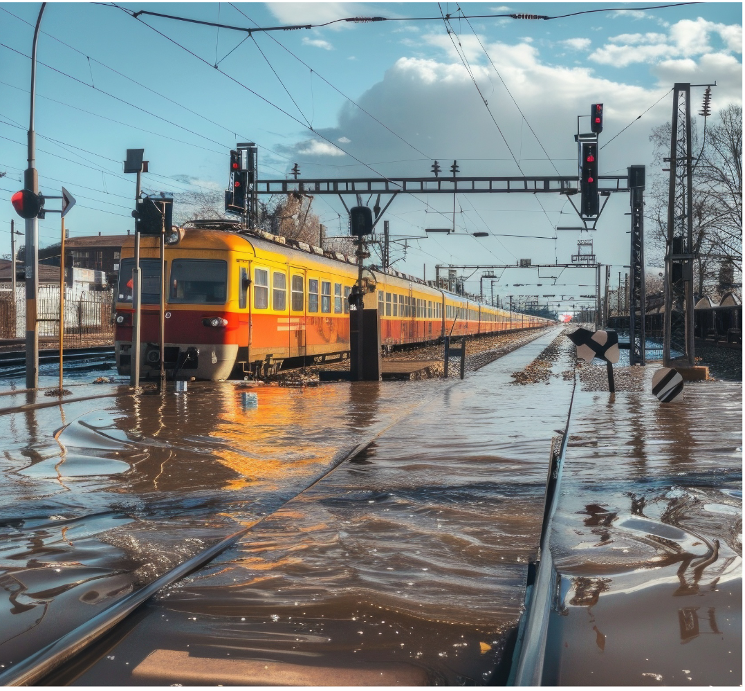 UNECE-Präsentation eines Zuges auf überfluteten Schienen